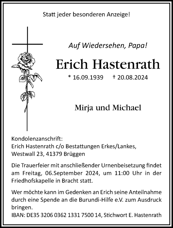 Traueranzeige von Erich Hastenrath von trauer.extra-tipp-moenchengladbach.de