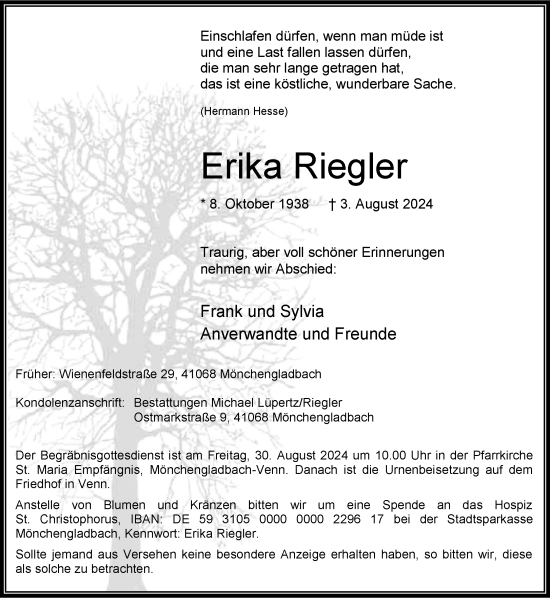 Traueranzeige von Erika Riegler von trauer.extra-tipp-moenchengladbach.de