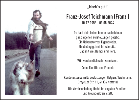 Traueranzeige von Franz-Josef Teichmann von trauer.extra-tipp-moenchengladbach.de