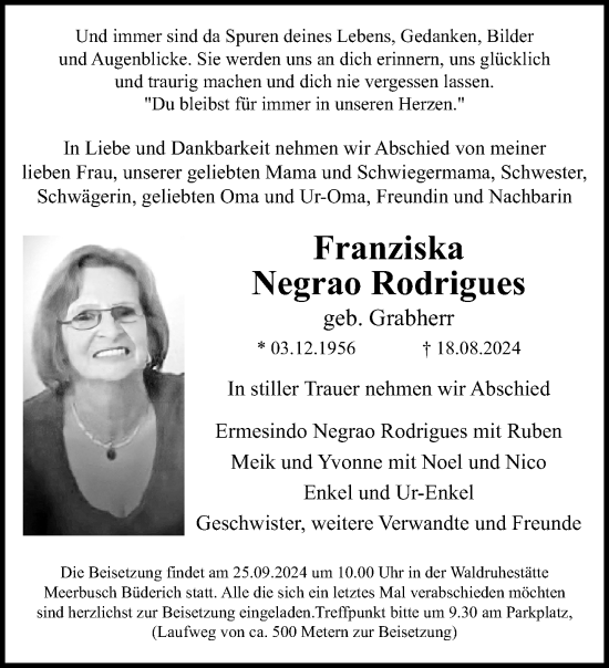 Traueranzeige von Franziska Negrao Rodrigues von trauer.extra-tipp-moenchengladbach.de