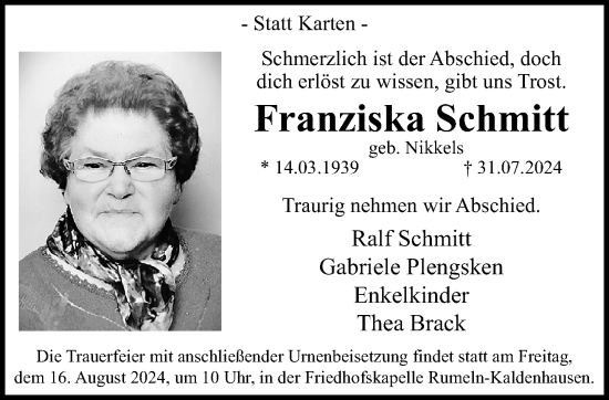 Traueranzeige von Franziska Schmitt von trauer.extra-tipp-moenchengladbach.de