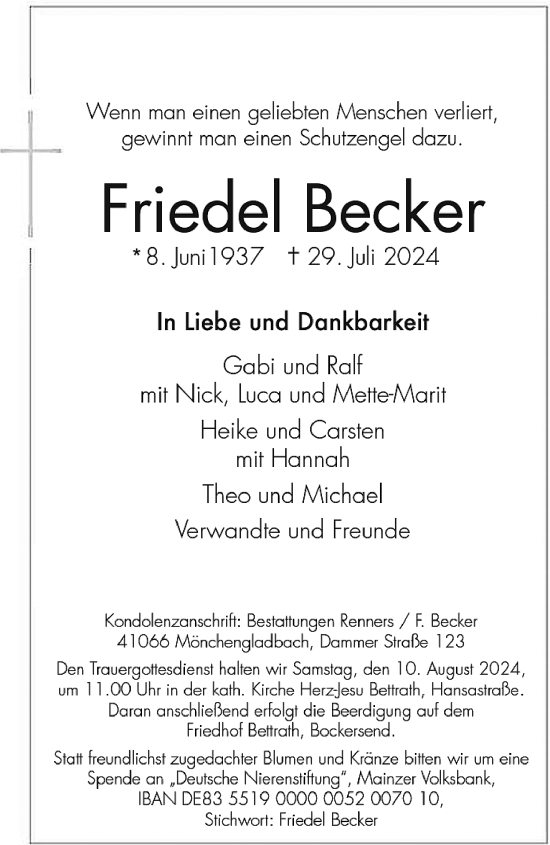 Traueranzeige von Friedel Becker von trauer.extra-tipp-moenchengladbach.de