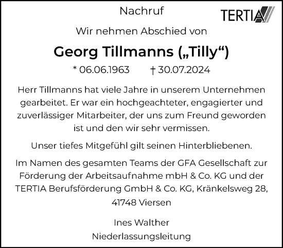 Traueranzeige von Georg Tillmanns von trauer.extra-tipp-moenchengladbach.de