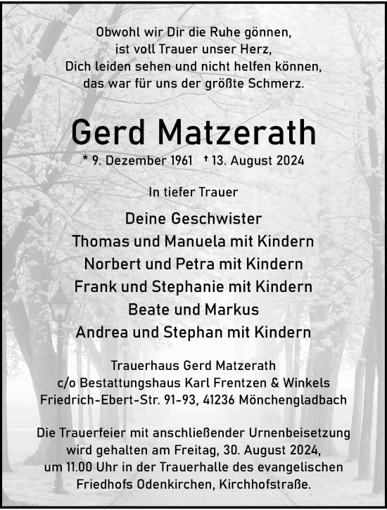 Traueranzeige von Gerd Matzerath von trauer.extra-tipp-moenchengladbach.de