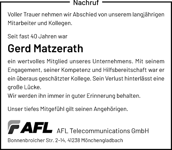 Traueranzeige von Gerd Matzerath von trauer.extra-tipp-moenchengladbach.de