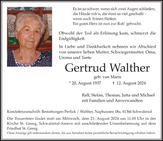 Traueranzeige von Gertrud Walther von trauer.extra-tipp-moenchengladbach.de