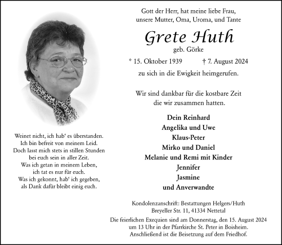 Traueranzeige von Grete Huth von trauer.extra-tipp-moenchengladbach.de