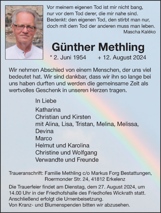 Traueranzeige von Günther Methling von trauer.extra-tipp-moenchengladbach.de