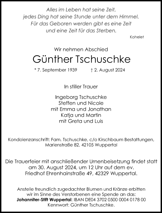 Traueranzeige von Günther Tschuschke von trauer.wuppertaler-rundschau.de