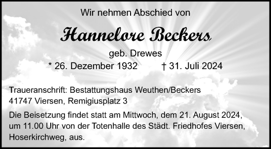 Traueranzeige von Hannelore Beckers von trauer.extra-tipp-moenchengladbach.de