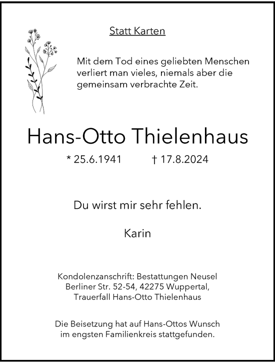 Traueranzeige von Hans-Otto Thielenhaus von trauer.wuppertaler-rundschau.de