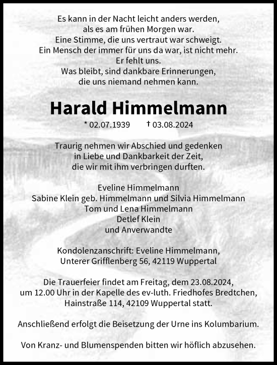 Traueranzeige von Harald Himmelmann von trauer.wuppertaler-rundschau.de