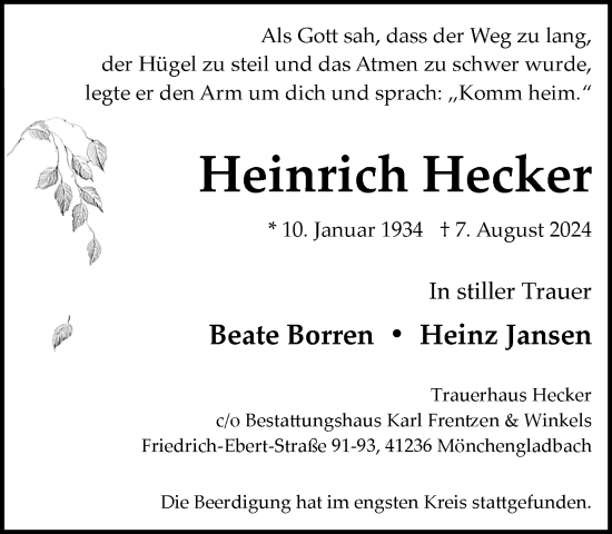 Traueranzeige von Heinrich Hecker von trauer.extra-tipp-moenchengladbach.de