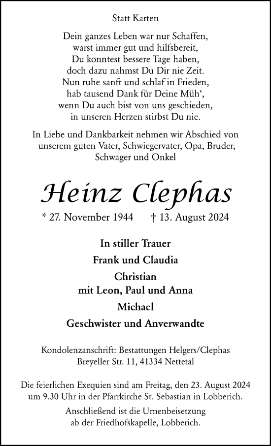 Traueranzeige von Heinz Clephas von trauer.extra-tipp-moenchengladbach.de