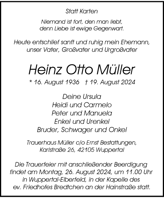 Traueranzeige von Heinz Otto Müller von trauer.wuppertaler-rundschau.de