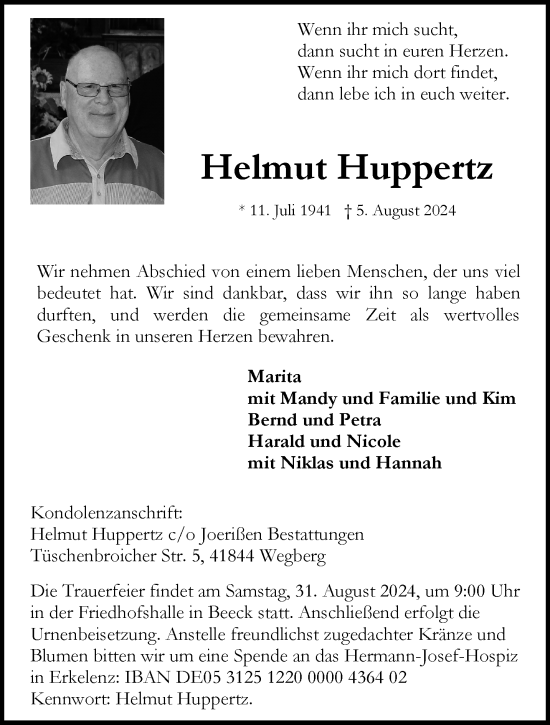 Traueranzeige von Helmut Huppertz von trauer.extra-tipp-moenchengladbach.de