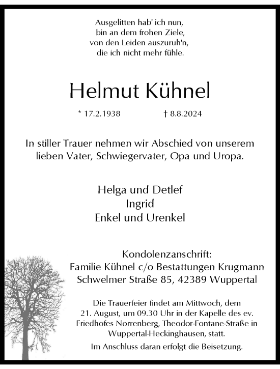 Traueranzeige von Helmut Kühnel von trauer.wuppertaler-rundschau.de