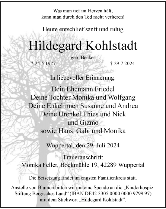 Traueranzeige von Hildegard Kohlstadt von trauer.wuppertaler-rundschau.de