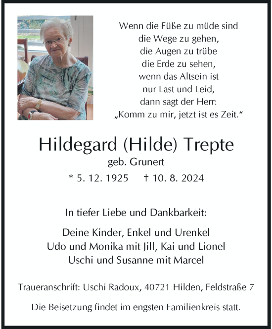 Traueranzeige von Hildegard Trepte von trauer.extra-tipp-moenchengladbach.de