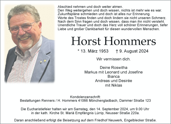 Traueranzeige von Horst Hommers von trauer.extra-tipp-moenchengladbach.de