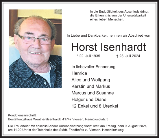 Traueranzeige von Horst Isenhardt von trauer.extra-tipp-moenchengladbach.de