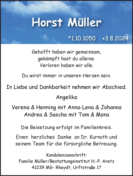 Traueranzeige von Horst Müller von trauer.extra-tipp-moenchengladbach.de