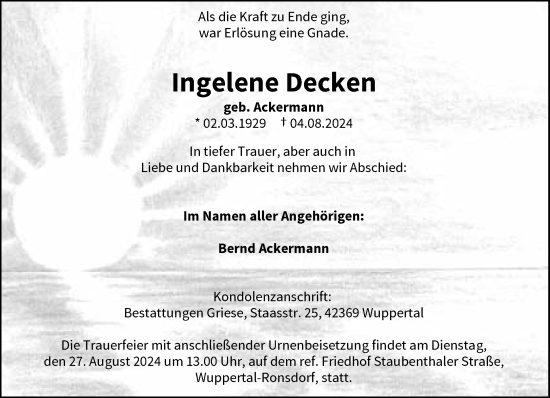 Traueranzeige von Ingelene Decken von trauer.wuppertaler-rundschau.de