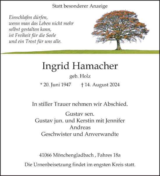 Traueranzeige von Ingrid Hamacher von trauer.extra-tipp-moenchengladbach.de