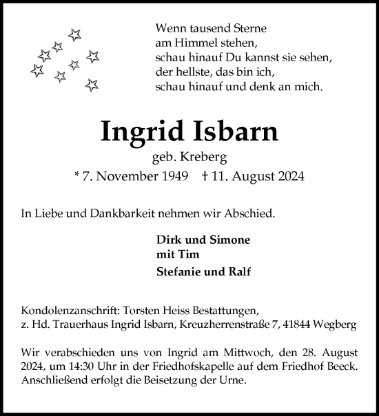 Traueranzeige von Ingrid Isbarn von trauer.extra-tipp-moenchengladbach.de