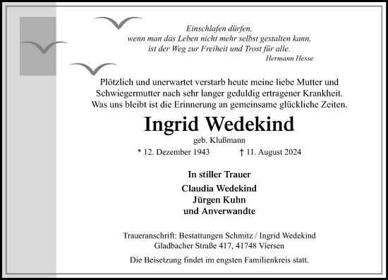 Traueranzeige von Ingrid Wedekind von trauer.extra-tipp-moenchengladbach.de