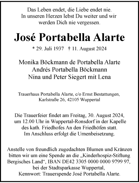 Traueranzeige von Jose Portabella Alarte von trauer.wuppertaler-rundschau.de