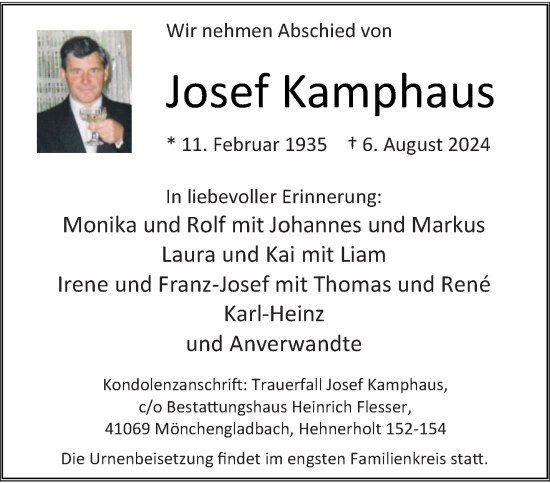 Traueranzeige von Josef Kamphaus von trauer.extra-tipp-moenchengladbach.de