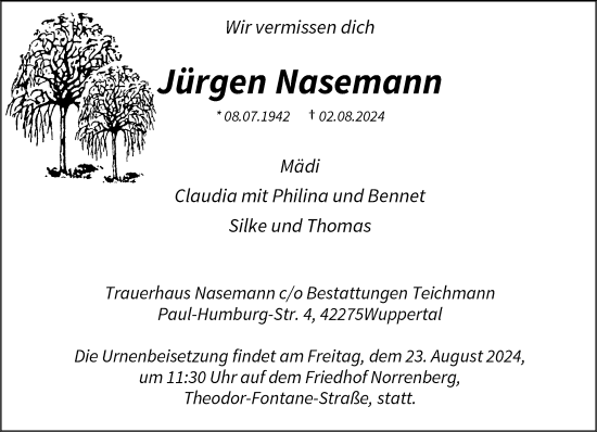 Traueranzeige von Jürgen Nasemann von trauer.wuppertaler-rundschau.de