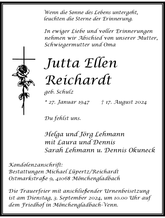 Traueranzeige von Jutta Ellen Reichardt von trauer.extra-tipp-moenchengladbach.de