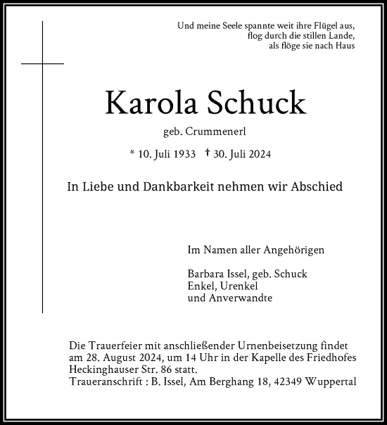 Traueranzeige von Karola Schuck von trauer.wuppertaler-rundschau.de