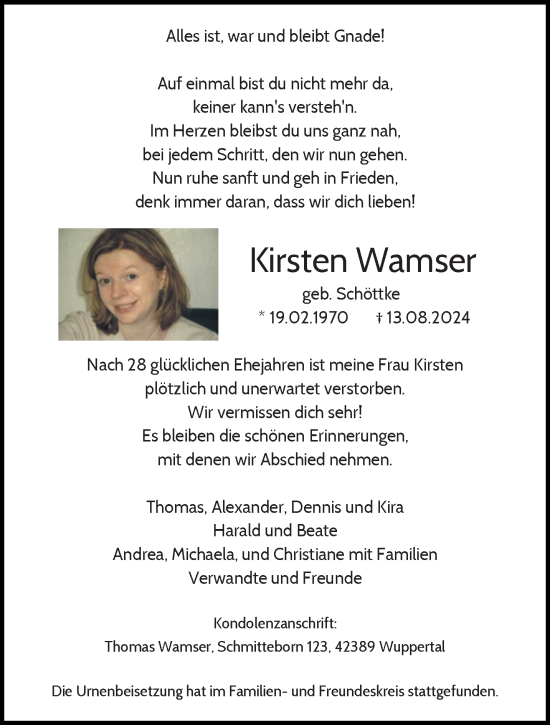 Traueranzeige von Kirsten Wamser von trauer.wuppertaler-rundschau.de