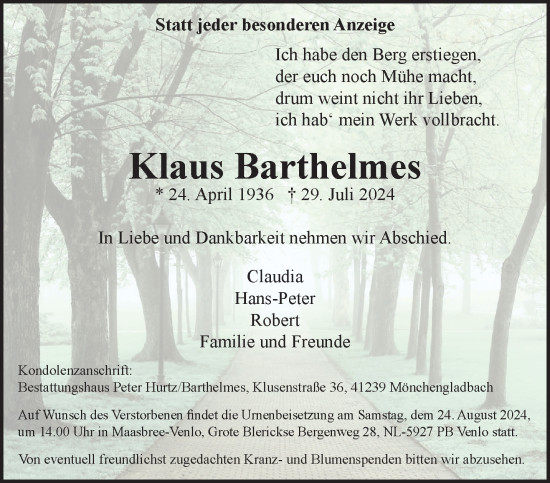 Traueranzeige von Klaus Barthelmes von trauer.extra-tipp-moenchengladbach.de