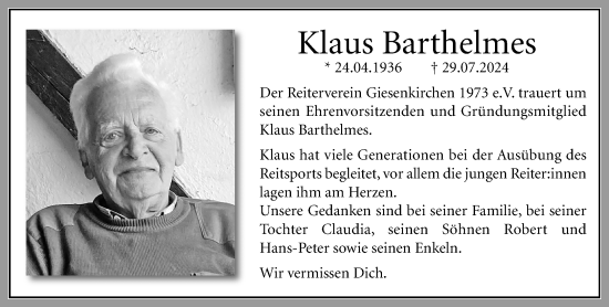 Traueranzeige von Klaus Barthelmes von trauer.extra-tipp-moenchengladbach.de