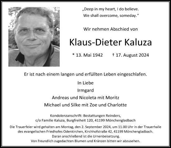 Traueranzeige von Klaus-Dieter Kaluza von trauer.extra-tipp-moenchengladbach.de