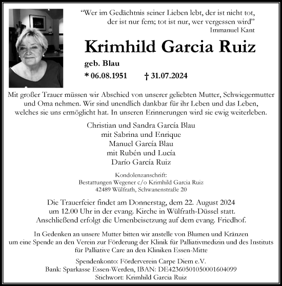 Traueranzeige von Krimhild Garcia Ruiz von trauer.wuppertaler-rundschau.de