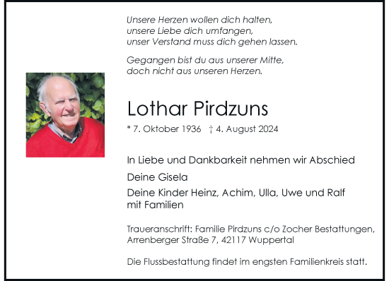 Traueranzeige von Lothar Pirdzuns von trauer.wuppertaler-rundschau.de