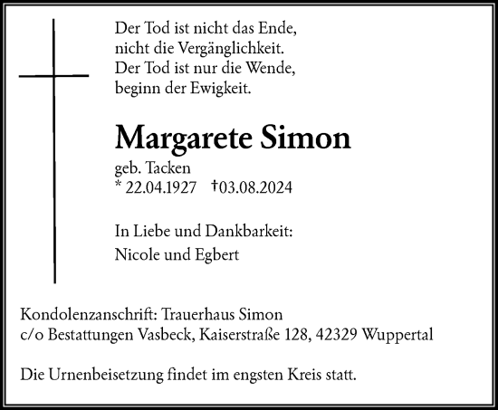 Traueranzeige von Margarete Simon von trauer.wuppertaler-rundschau.de