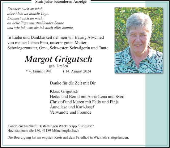 Traueranzeige von Margot Grigutsch von trauer.extra-tipp-moenchengladbach.de