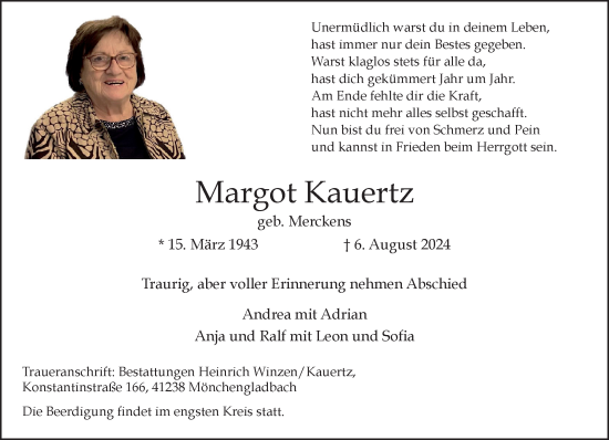 Traueranzeige von Margot Kauertz von trauer.extra-tipp-moenchengladbach.de