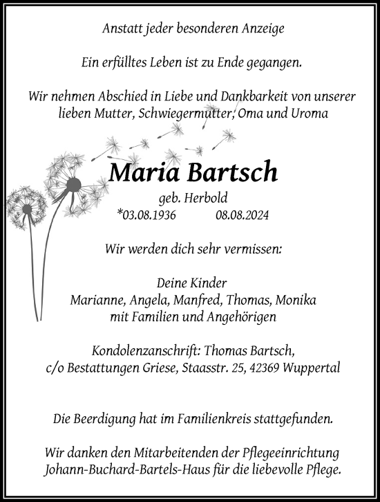 Traueranzeige von Maria Bartsch von trauer.wuppertaler-rundschau.de