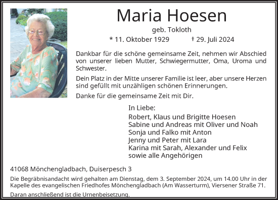 Traueranzeige von Maria Hoesen von trauer.extra-tipp-moenchengladbach.de