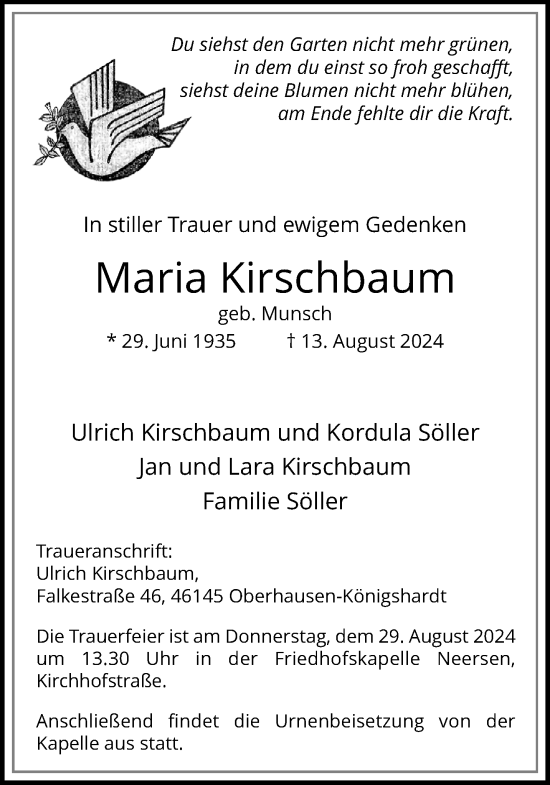 Traueranzeige von Maria Kirschbaum von trauer.extra-tipp-moenchengladbach.de