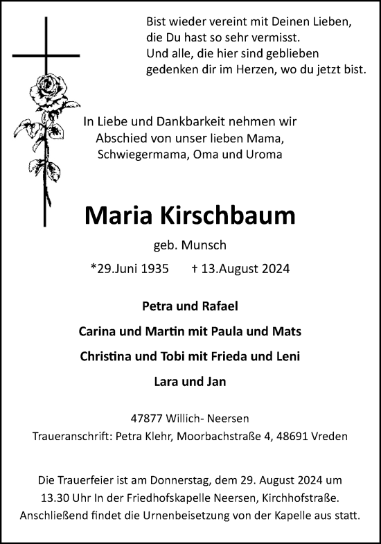 Traueranzeige von Maria Kirschbaum von trauer.extra-tipp-moenchengladbach.de