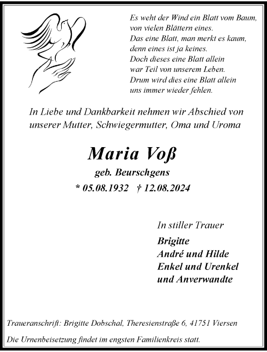 Traueranzeige von Maria Voß von trauer.extra-tipp-moenchengladbach.de