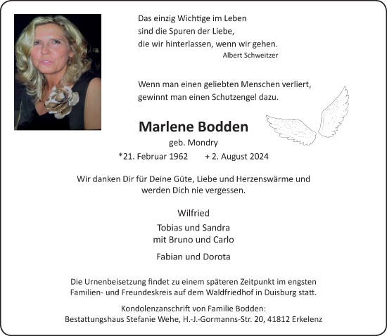 Traueranzeige von Marlene Bodden von trauer.extra-tipp-moenchengladbach.de